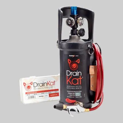 MBK-6 DrainKat - condensate drain line cleaning kit uses a dry nitrogen or CO2 charge to clear drain line clogs. The Drain Kat also uses the included blow gun in conjunction with the QN-S3 to clean off dirt and debris from HVAC coils.